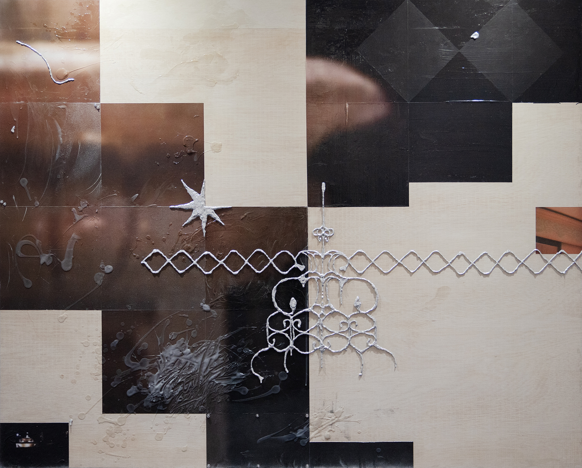 「Square memories 4」, 2023, printed image, acrylic medium, silver tape, glue gun, snap button on wood panel, 162x130cm