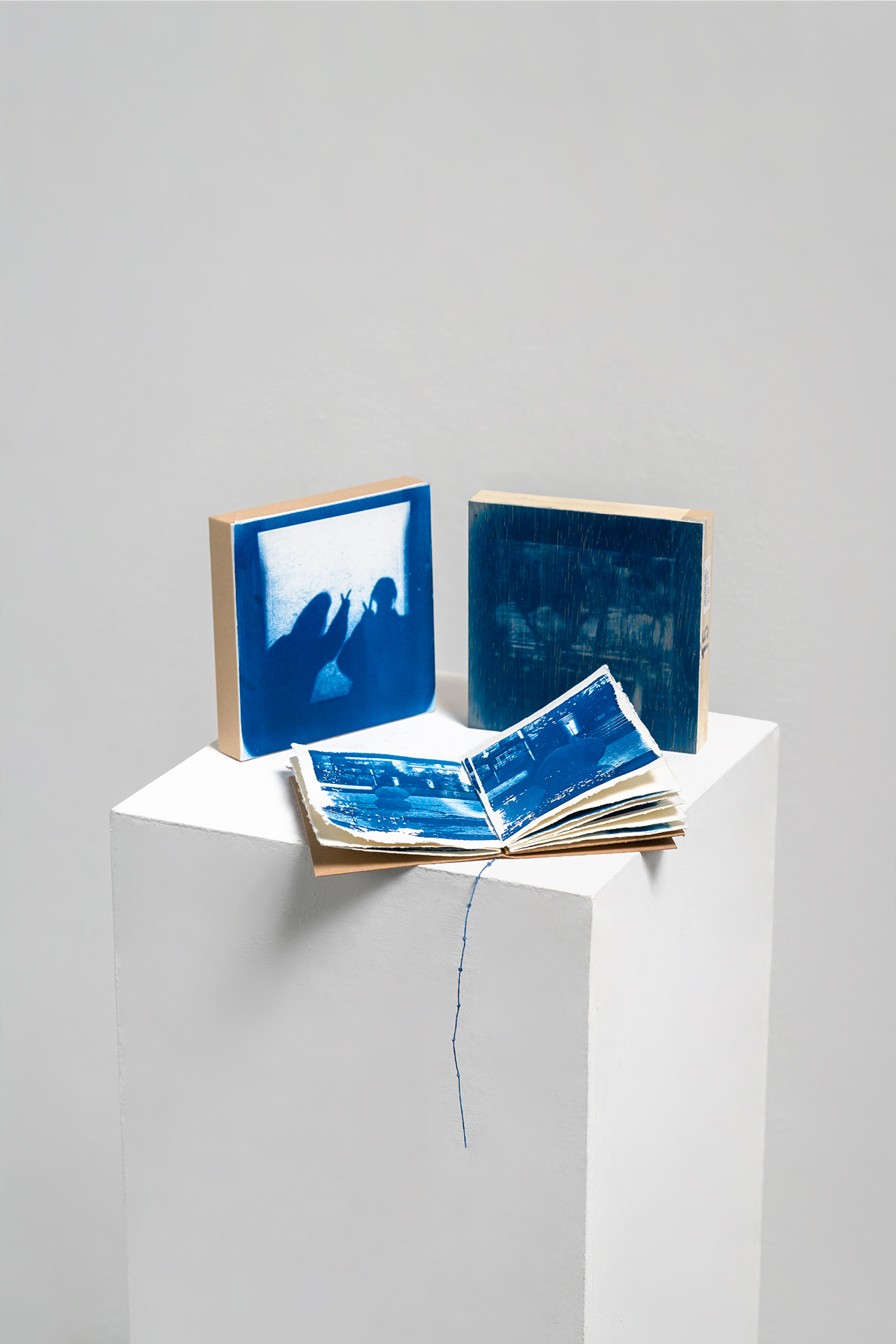 「title unknown」, 2023, cyanotype on rag paper, cyanotype on panel , 15 x 15 x 2.6 cm , 15.7 x 10.5 x 1 cm 